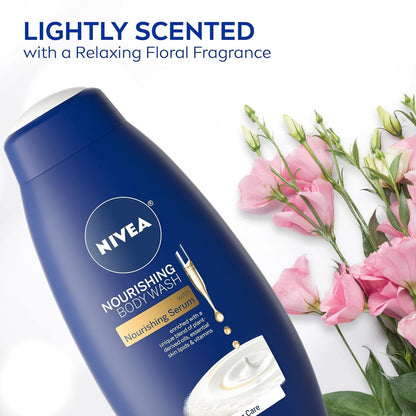 NIVEA Nourishing Care Body Wash with Nourishing Serum, Enriched with a Unique Blend of Plant-Derived Oils, Essential Skin Lipids & Vitamins, 20 Fl Oz (Pack of 2)