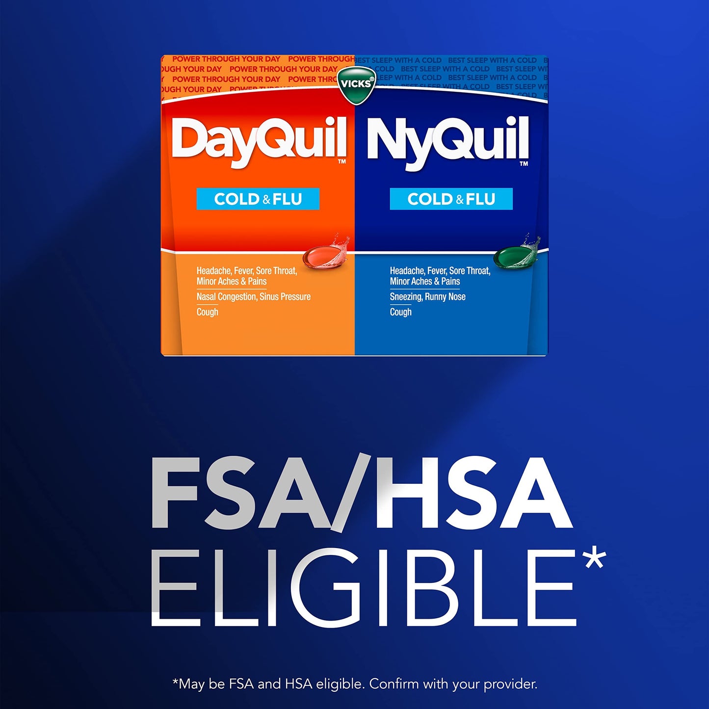 Vicks DayQuil and NyQuil Combo Pack, Cold & Flu Medicine, Powerful Multi-Symptom Daytime and Nighttime Relief for Headache, Fever, Sore Throat, Cough, 24 Count, 16 DayQuil, 8 NyQuil Liquicaps