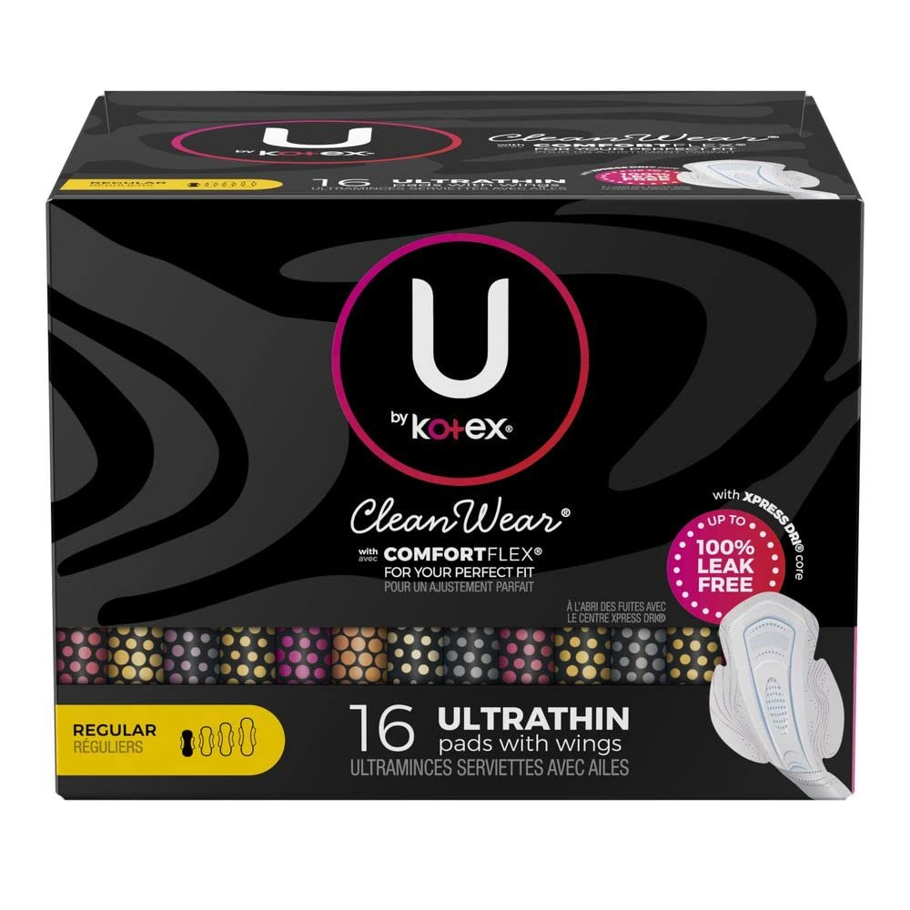 U by Kotex CleanWear Ultra Thin Feminine Pads with Wings, Regular Absorbency, 16 Count