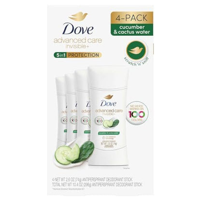Dove Advanced Care Invisible+ Antiperspirant Deodorant Stick, Cucumber and Cactus Water, 2.6 oz, 4 ct