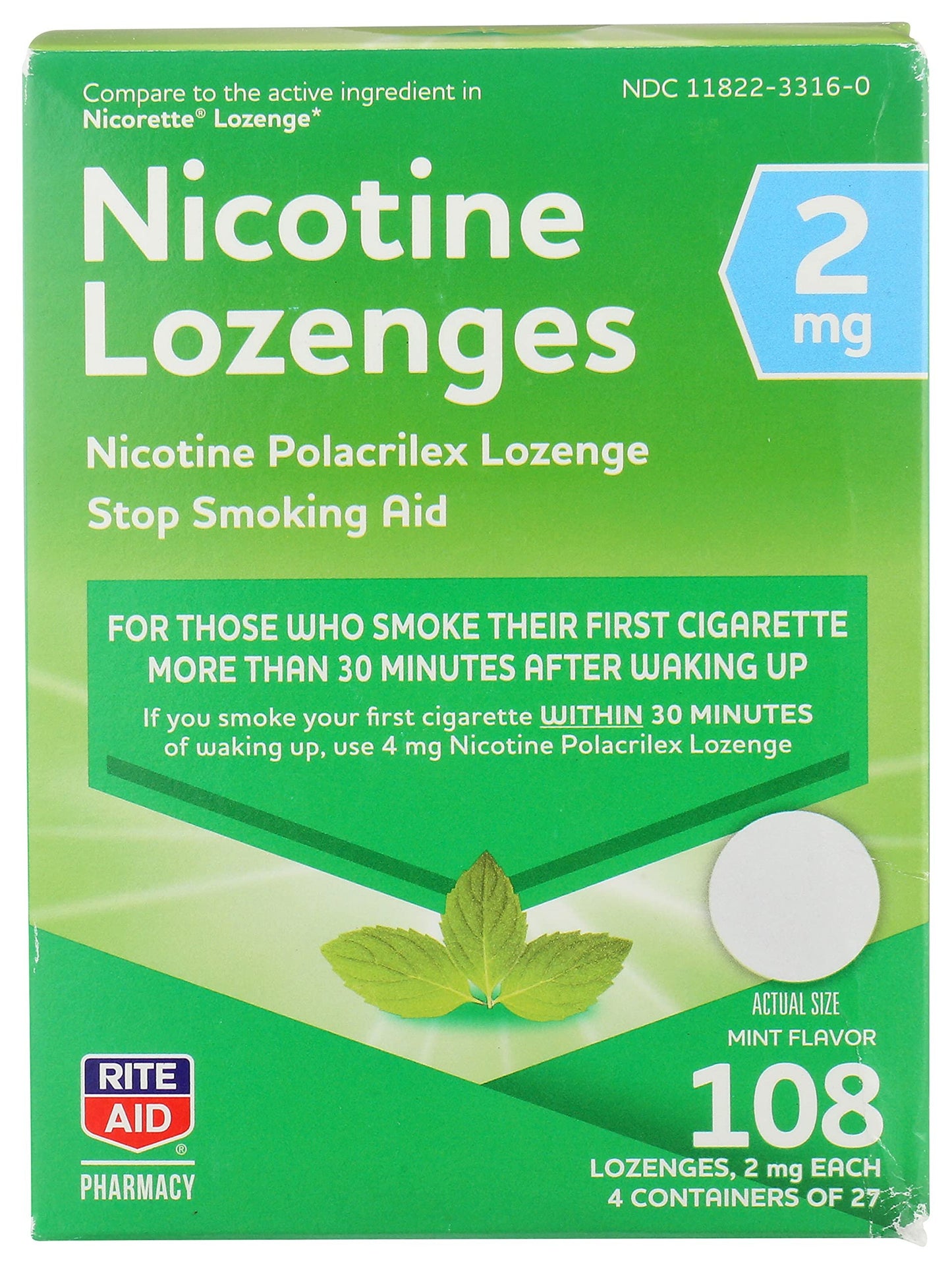 Rite Aid Nicotine Lozenges, 2mg - 108 Lozenges - Mint Flavor - Sugar Free Quit Smoking Products - Stop Smoking Aids That Work - Quit Smoking Aid