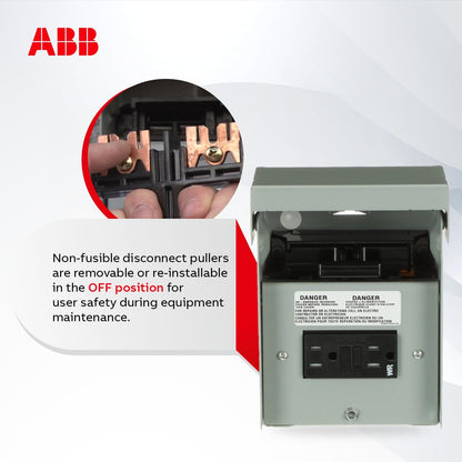 ABB TFN60RGFRCP 60A AC GFCI Disconnect • Disconnect Switch • A/C Type • Pull Out • 60A, 240V AC • GFCI Receptacle • NEMA 3R • Metal