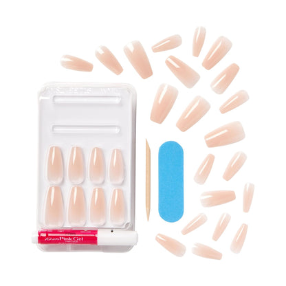 KISS Bare but Better, Press On Nails, Nail glue included, 'Nude Drama', Color, Long Size, Coffin Shape, Includes 28 fake nails, pink gel nail glue (net wt. 2g / .7 oz.), mini file, and manicure stick.