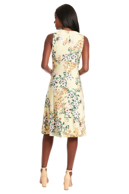 London Times Women's Dresses Printed Sleeveless Versatile Empire A-Line Keyhole Neckline Midi Dress