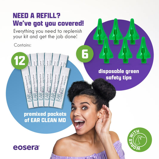 eosera® Wax Blaster MD® Refill Pack - 12 Ear Clean MD® Packets & 6 Wax Blaster MD® Safety Tips - Gentle Ear Wax Removal Solution - Weekly Ear Cleaning & Moisturizing System