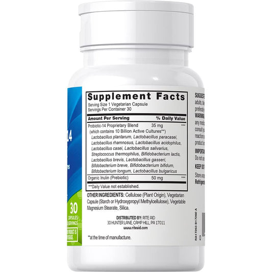 Rite Aid Probiotic 14 Complex 10 Billion - 30 Count, Restoring Good Bacteria, Colon Health, Daily Colon Health Probiotic, Mens & Womens Probiotic