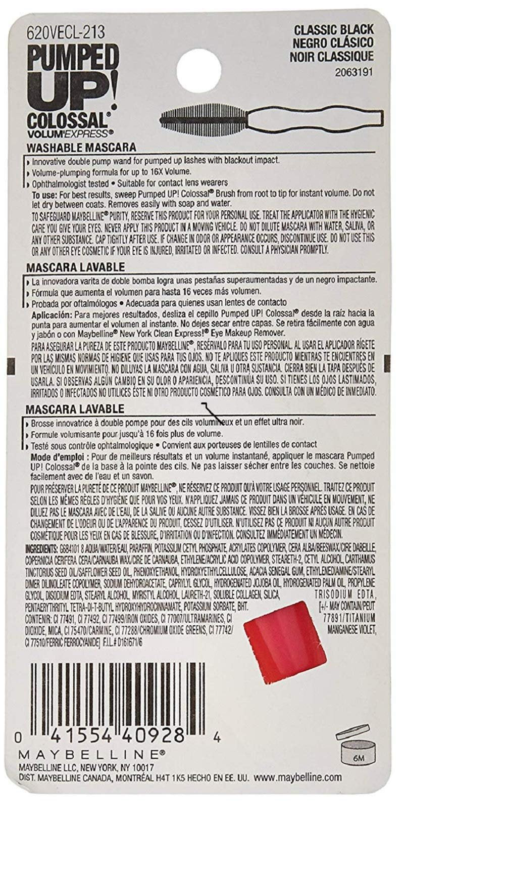 Maybelline Volum' Express Pumped Up! Colossal Washable Mascara, Classic Black [213] 0.33 oz (Pack of 2)