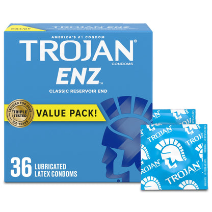 TROJAN ENZ Lubricated Condoms, Latex Condoms For Contraception and STI Protection, America’s Number One Condom, 36 Count Value Pack