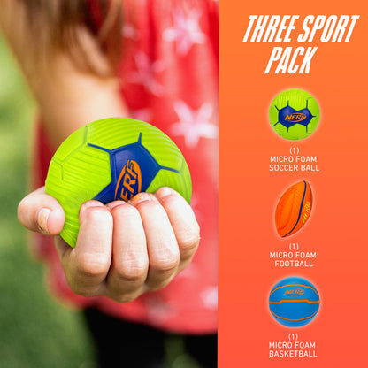 Nerf Micro Foam Sports Ball Set - Kids Foam Micro Football, Soccer Ball + Basketball Set Soft Stress Relief Foam Sports Set for Kids - Multicolor