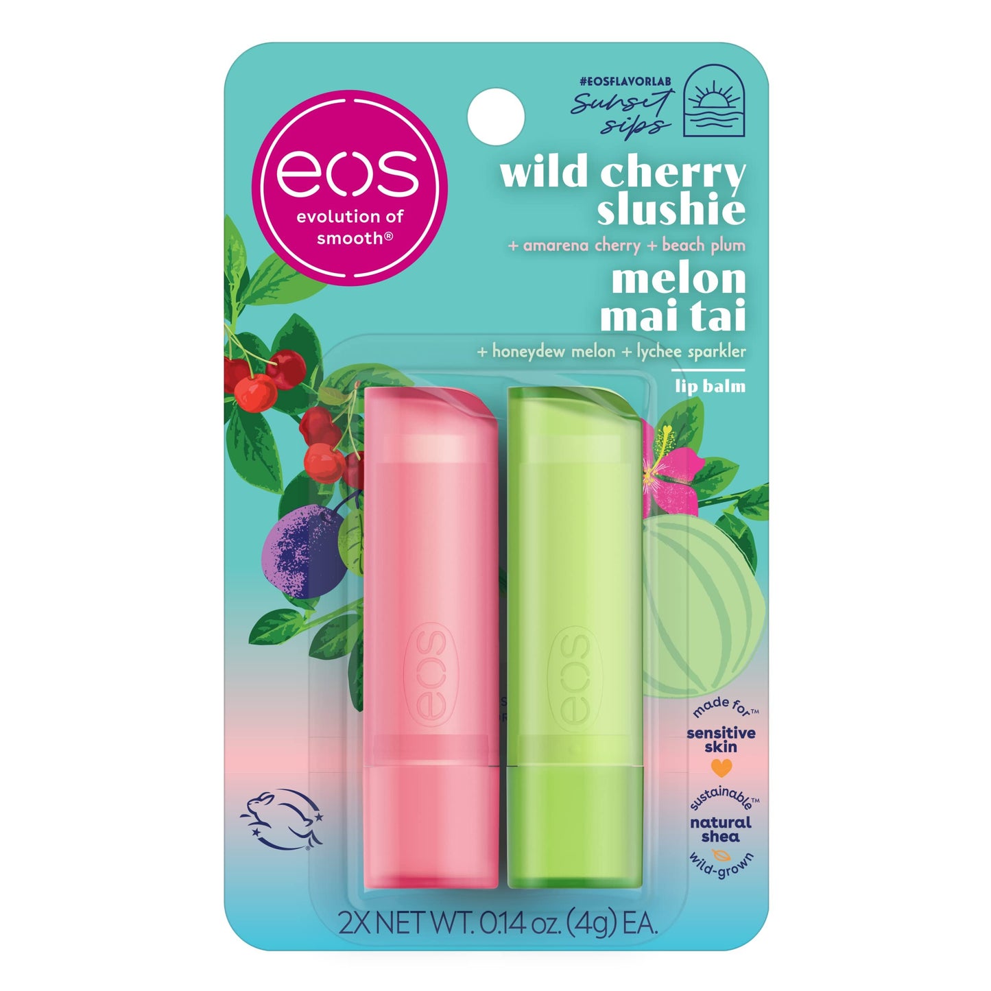 eos Sunset Sips Lip Balms- Melon Mai Tai & Wild Cherry Slushie, All-Day Moisture, Lip Care, 0.14 oz, 2-Pack