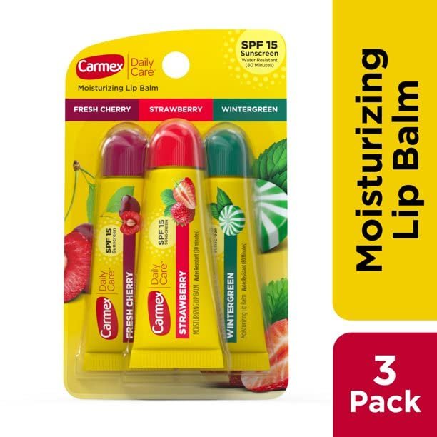 Carmex Moisturizing Lip Balm 3 Tubes Assorted Flavor - Fresh Cherry, Strawberry, Wintergreen (3 Pack)