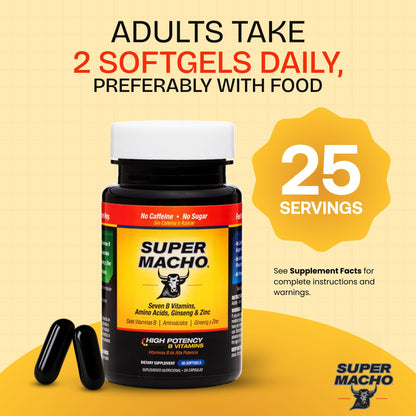 Super Macho, High Potency B Vitamins and Amino Acids, Fuel for Today's Active Men, No Caffeine, No Sugar, Dietary Supplement, Made in USA,50 Softgels