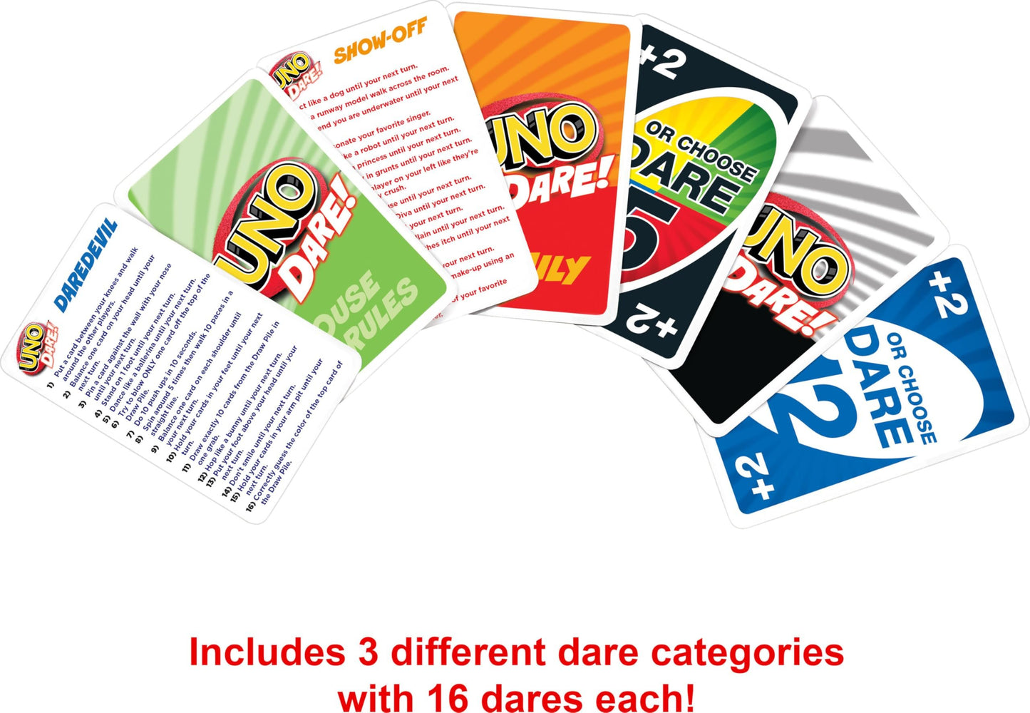 Mattel Games UNO Dare Card Game for Families & Parties Featuring Challenging & Silly Dares from 3 Different Categories