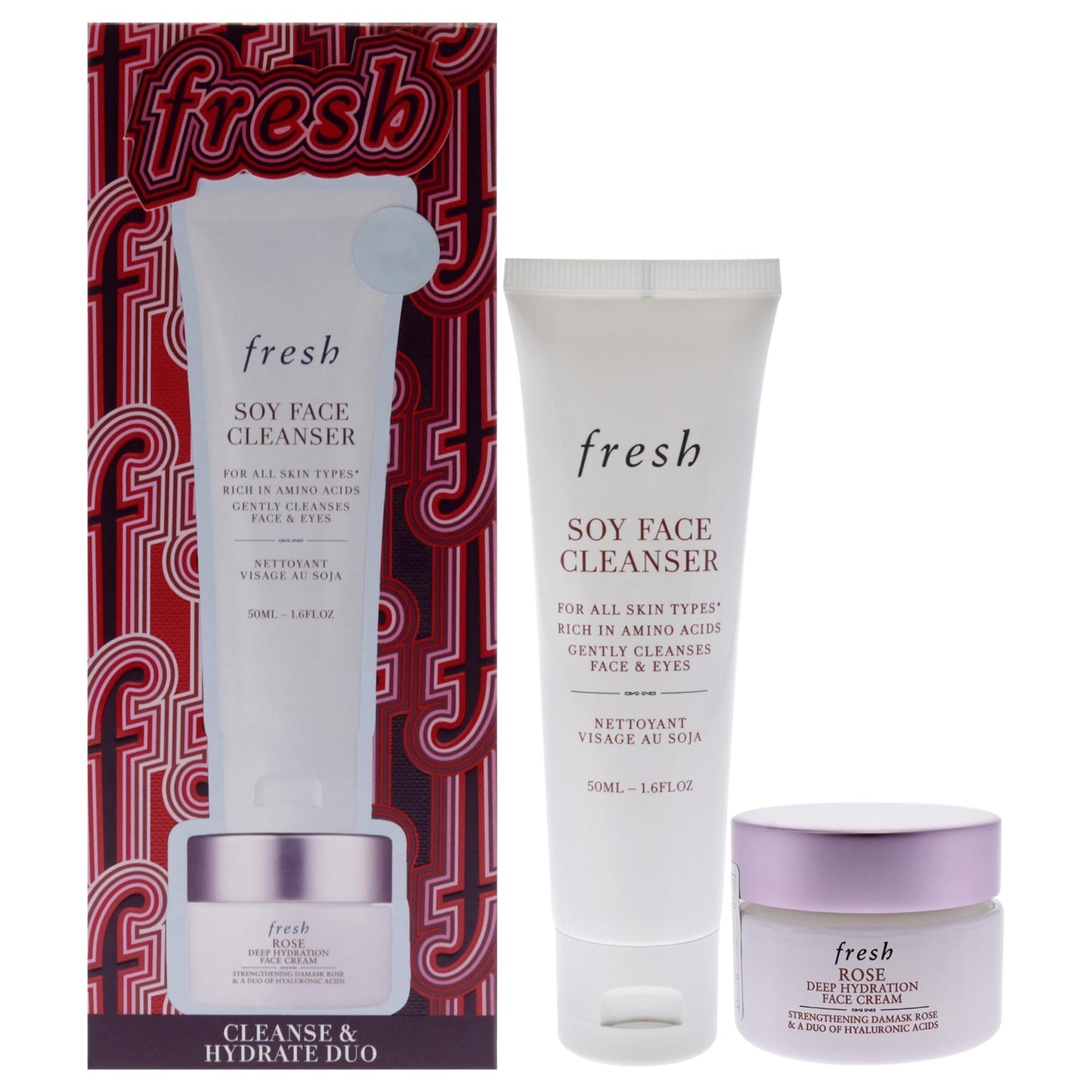 Fresh Cleanse And Hydrate Kit for Women - 2 Pc 0.5oz Rose And Hyaluronic Acid Deep Hydration Moisturizer, 1.6oz Soy Hydrating Gentle Face Cleanser