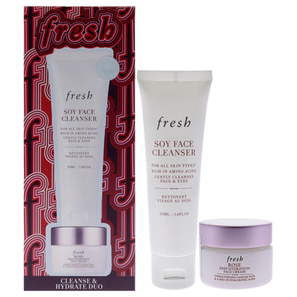 Fresh Cleanse And Hydrate Kit for Women - 2 Pc 0.5oz Rose And Hyaluronic Acid Deep Hydration Moisturizer, 1.6oz Soy Hydrating Gentle Face Cleanser