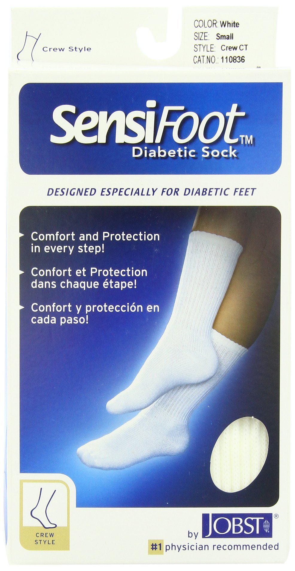 JOBST SensiFOOT Crew Diabetic Socks, 8-15mmHg, Small, White, 1/Pair, JOB110836