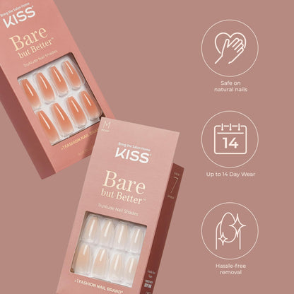KISS Bare but Better, Press On Nails, Nail glue included, 'Nude Drama', Color, Long Size, Coffin Shape, Includes 28 fake nails, pink gel nail glue (net wt. 2g / .7 oz.), mini file, and manicure stick.