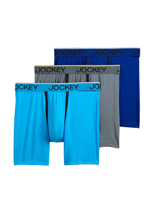 Jockey Men's Underwear Chafe Proof Pouch Microfiber 6" Boxer Brief - 3 Pack, Bright Aqua/Iron Grey/Blue Jay, L