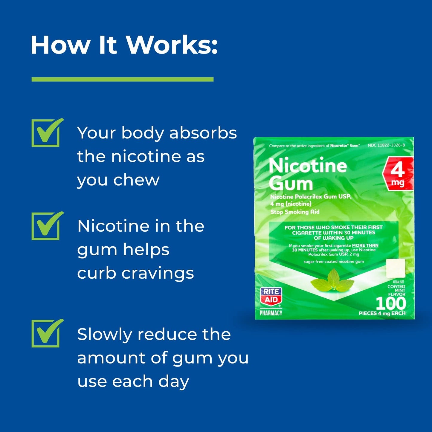 Rite Aid Nicotine Gum, Cool Mint Flavor, 4 mg - 100 Count | Quit Smoking Aid | Nicotine Replacement Gum | Stop Smoking Aids That Work | Chewing Gum to Help You Quit Smoking | Coated Nicotine Gum