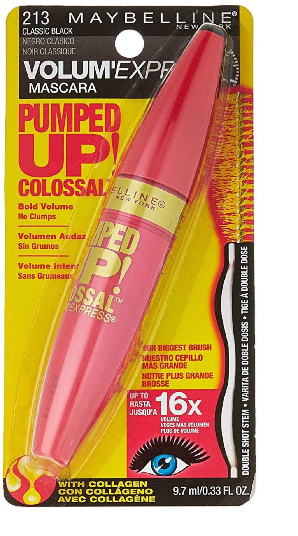 Maybelline Volum' Express Pumped Up! Colossal Washable Mascara, Classic Black [213] 0.33 oz (Pack of 2)