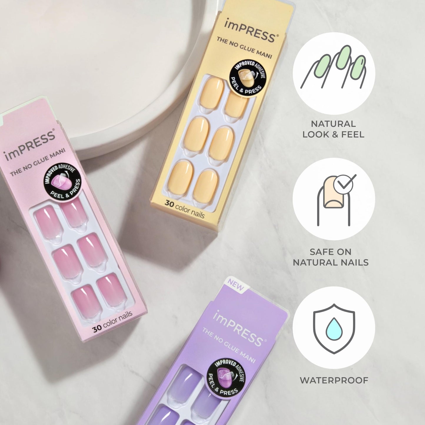 KISS imPRESS Color Press-On Nails Polish-Free Manicure Set, ‘Frosting’, 30 Chip-Proof, Smudge-Proof Fake Nails