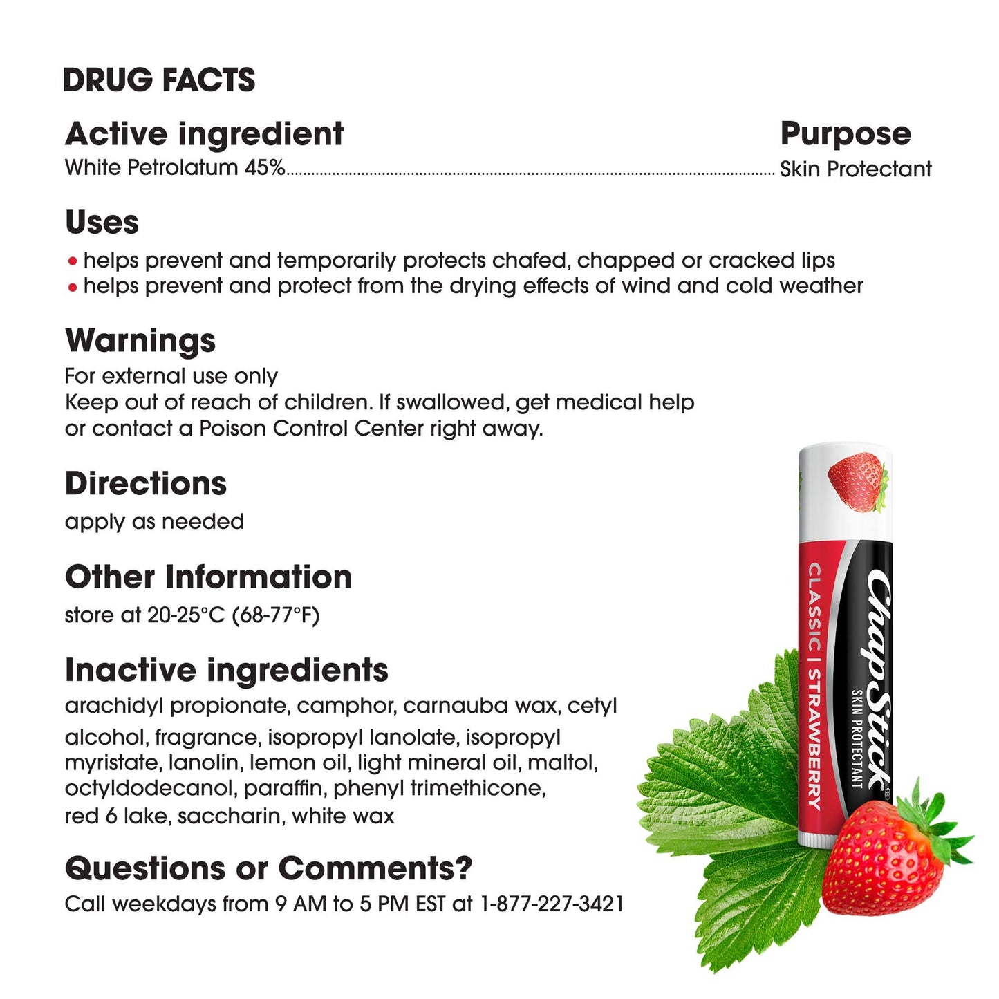 ChapStick Classic (1 Carded Pack of 3 Sticks) Strawberry Flavor Skin Protectant Flavored Lip Balm Tube, 0.15 Ounce Each