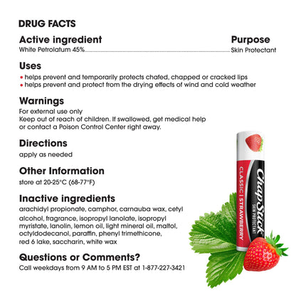 ChapStick Classic (1 Carded Pack of 3 Sticks) Strawberry Flavor Skin Protectant Flavored Lip Balm Tube, 0.15 Ounce Each