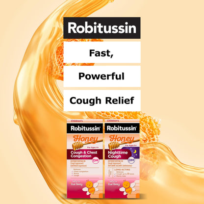 Robitussin Children’s Honey Cough and Chest Congestion DM and Children's Robitussin Honey Nighttime Cough DM, Value Pack of Children's Cough Medicine - 2 x 4 Fl Oz Bottles