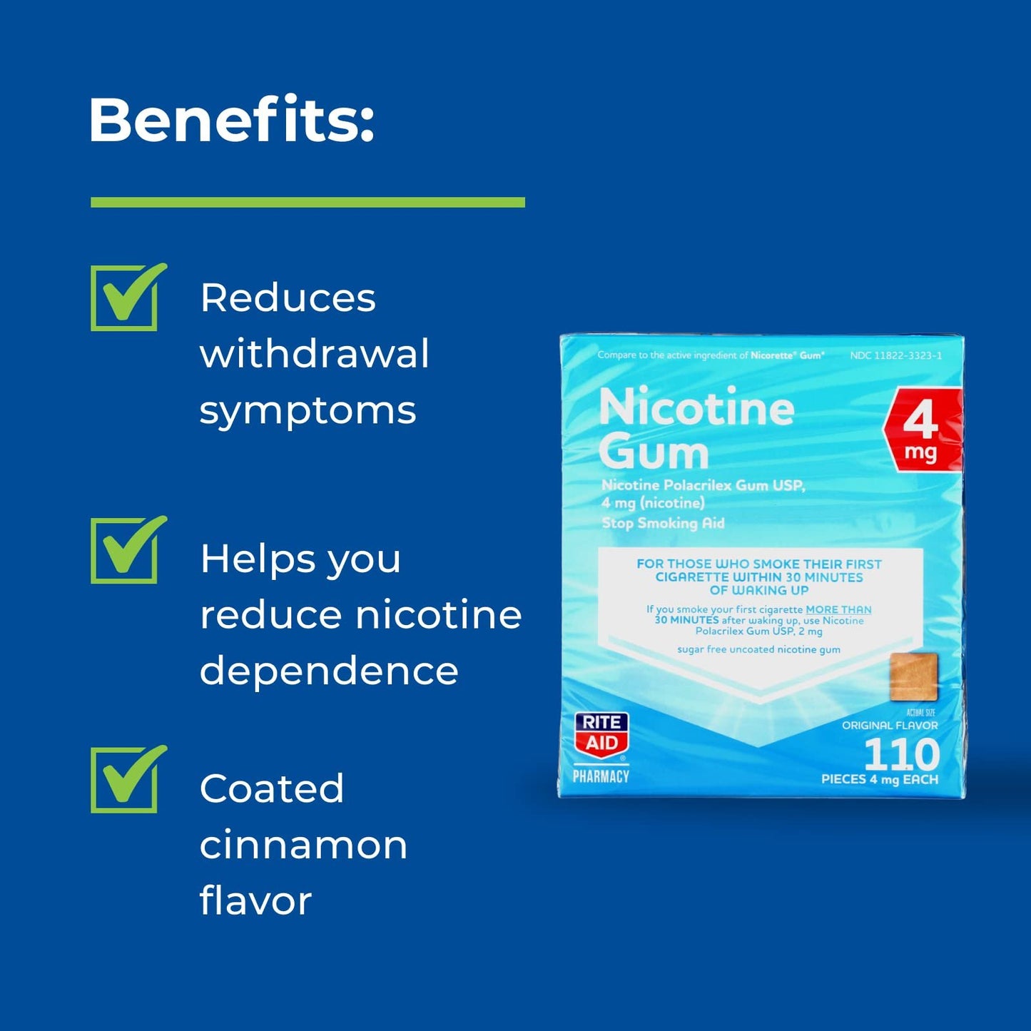 Rite Aid Nicotine Gum, Original Flavor, 4 mg - 110 Count | Quit Smoking Aid | Nicotine Replacement Gum| Stop Smoking Aids That Work Quick | Chewing Gum to Help You Quit Smoking | Uncoated Nicotine Gum