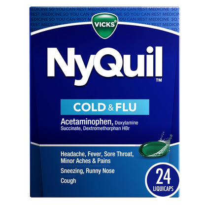 Vicks NyQuil Cold & Flu Relief Over-the-Counter Medicine, Powerful Multi-Symptom Nighttime Relief for Headache, Fever, Sore Throat, Minor Aches and Pains, Sneezing, Runny Nose, and Cough, 24 Liquicaps