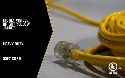 Yellow Jacket Extra Heavy Duty Extension Cord, 50Ft, 10 Gauge, 3 Conductor, Lighted End, STJW, Yellow, 2805