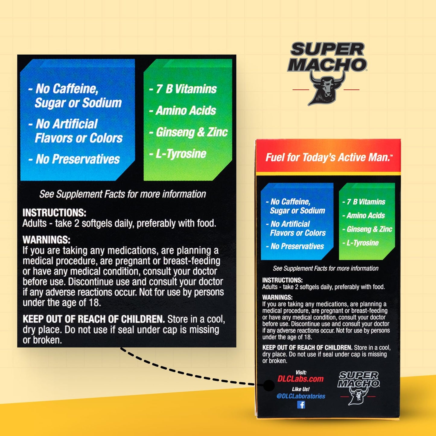 Super Macho, High Potency B Vitamins and Amino Acids, Fuel for Today's Active Men, No Caffeine, No Sugar, Dietary Supplement, Made in USA,50 Softgels