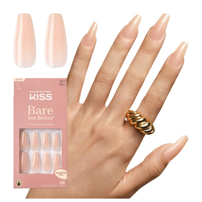 KISS Bare but Better, Press On Nails, Nail glue included, 'Nude Drama', Color, Long Size, Coffin Shape, Includes 28 fake nails, pink gel nail glue (net wt. 2g / .7 oz.), mini file, and manicure stick.